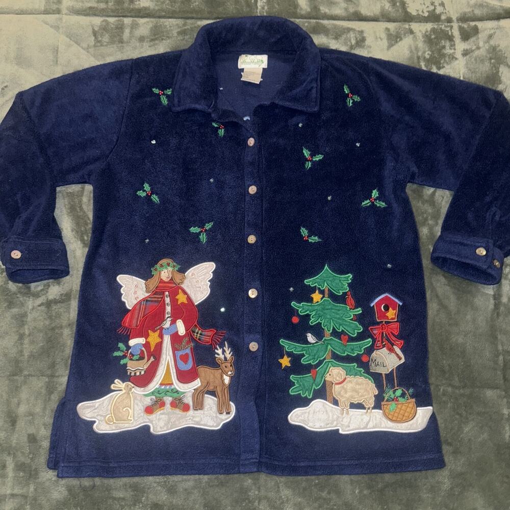 The‎ Quacker Factory Fleece Jacket Women's Medium Blue Christmas Vintage